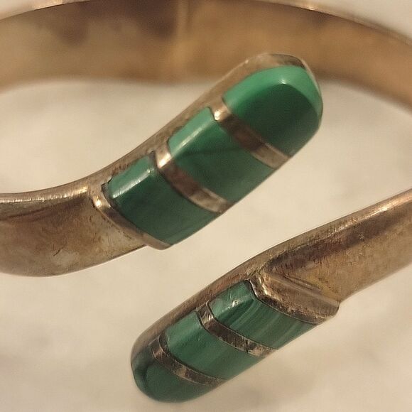 Signed Vintage Mexico Taxco Malachite 925 Sterling Silver Bangle Bracelet Cuff - Picture 5 of 12